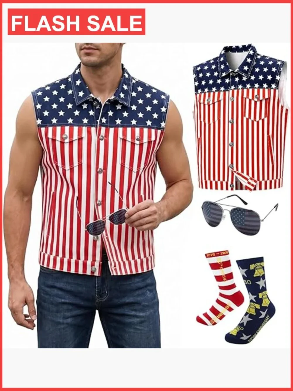 Patriotic Denim Vest Set with Sunglasses and Socks